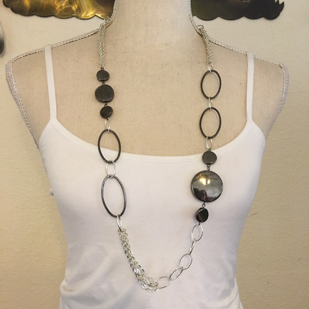 Faux hematite disc silver link long necklace